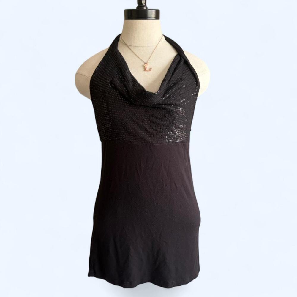 Bebe Black Sequin Cowl Neck Halter Top Open Back Silk Trim Large